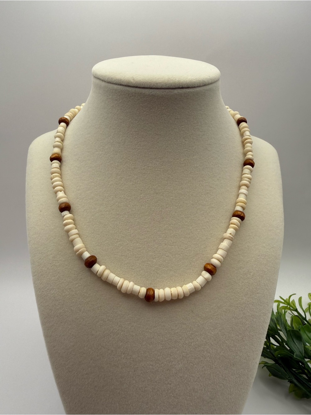Artisan Crafted Bone & Wood Bead Necklace | 16” Neutral Layering Necklace